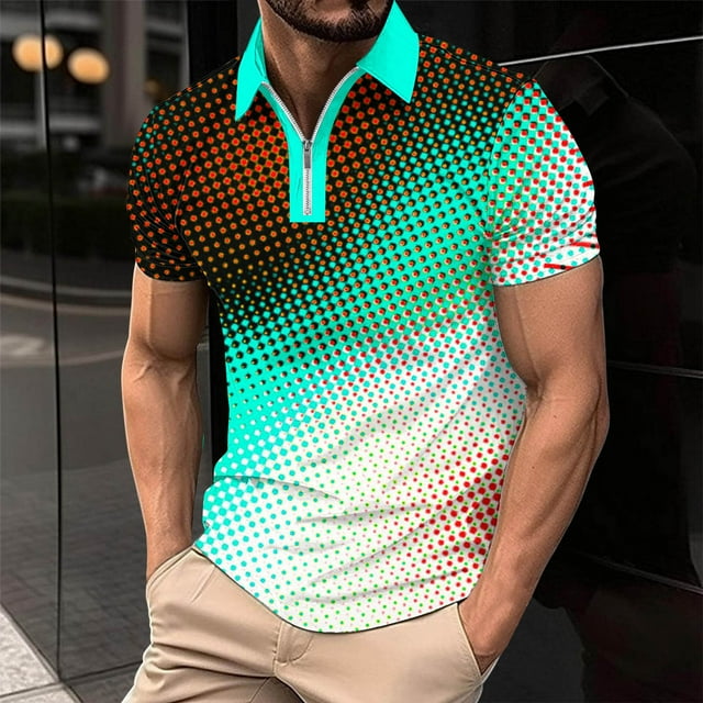 Chemises pour Hommes Décontractées Imprimées Manches Courtes Col Rabattu Fermeture à Glissière T-Shirt Blouse Tops