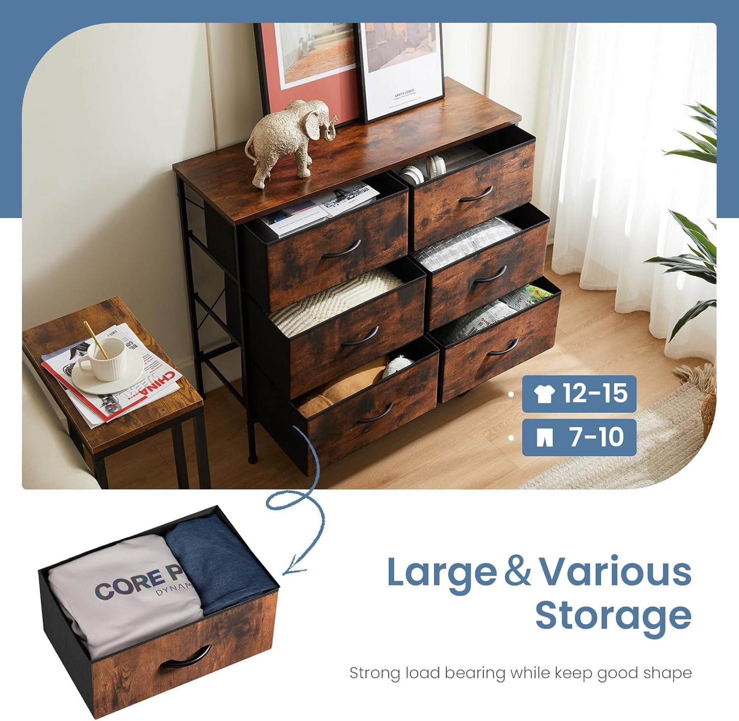 【Holiday Ready】6-Drawer TV Stand & Dresser, Multifunctional Furniture with Fabric Storage for Living Room, Bedroom, Rusty Brown