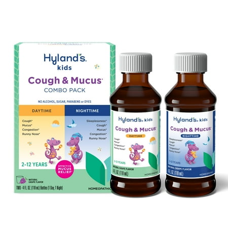 Hyland's Kids Cough & Mucus Grape Liquid, Day & Night Combo Pack, 8 fl oz