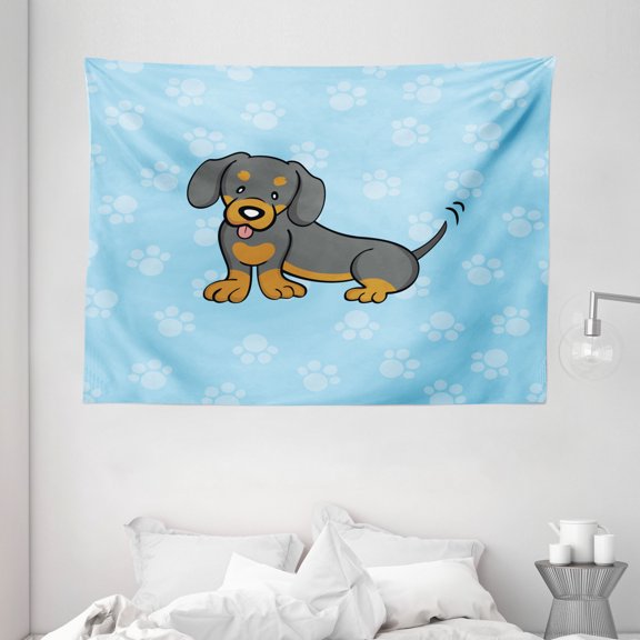 Dachshund Tapestry, Puppy Cartoon with Happy Expression on Its Face Paw Print Background, Wall Hanging for Bedroom Living Room Dorm Decor, 80W X 60L Inches, Blue Brown Dark Taupe, by Ambesonne