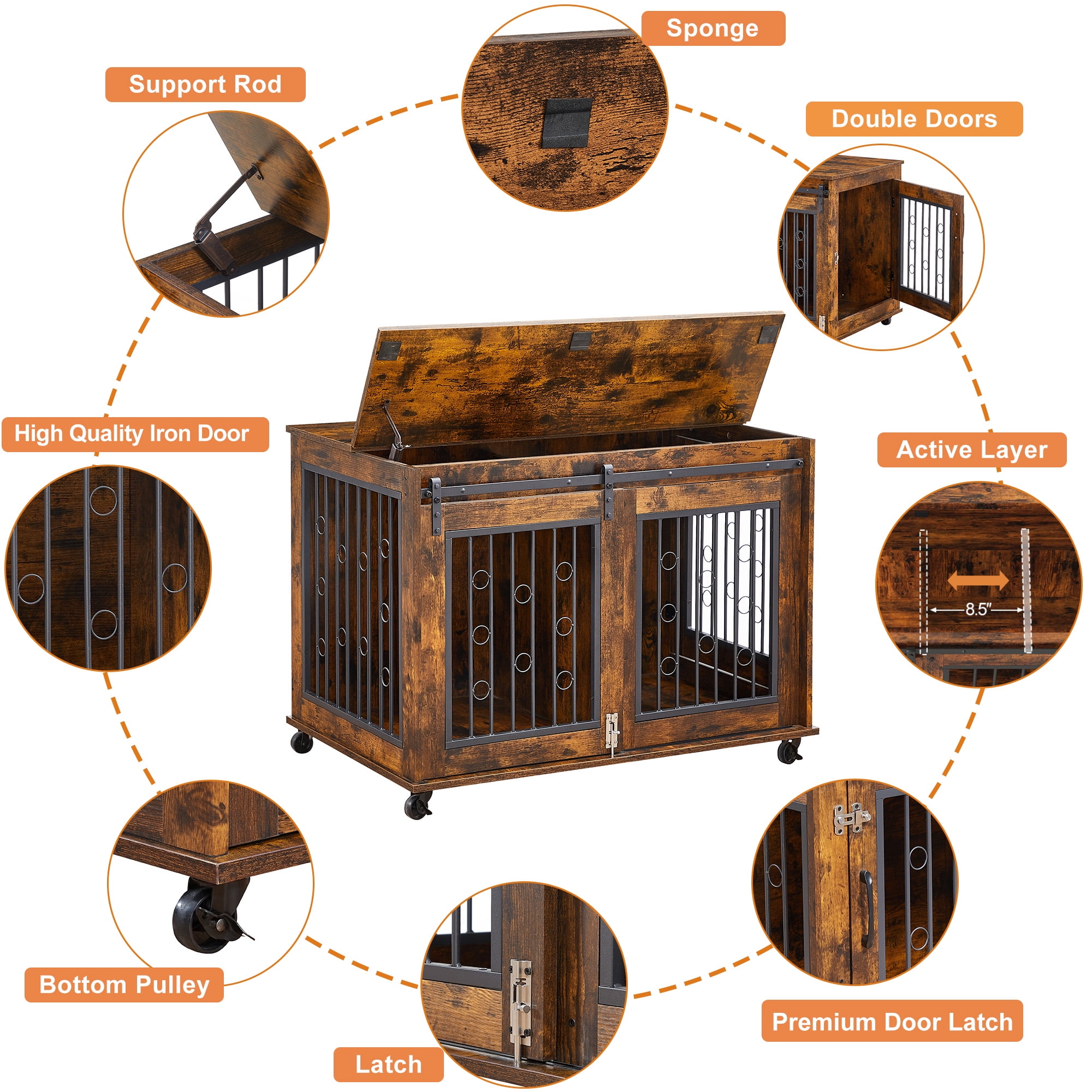 Pefilos 39" Dog Crate for Medium Dogs Sliding Door Wooden Dog Cage with Partition for Two Puppies Dog House Indoor, Brown Pefilos 39" Dog Crate for Medium Dogs Sliding Door Wooden Dog Cage with Partition for Two Puppies Dog House Indoor, Brown