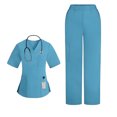 thumbnail image 2 of 2025 Scrubs for Women Set Stretch Fit Scrub Top & Jogger V-Neck Pants Medical Nurse Uniforms Set Multi Pocket Light Blue S, 2 of 4