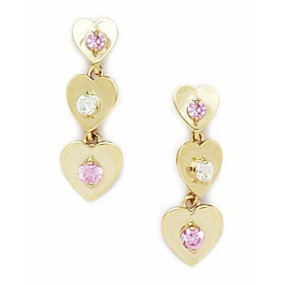14k Yellow Gold Pink Cubic Zirconia 3 Heart Drop Screw-Back Earrings - Measures 19x7mm