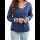 thumbnail image 1 of Suéter de Punto de Corte Regular con Cuello Marinero, Puños y Cuello en V A Rayas para Mujer Azul Oscuro L, 1 of 10