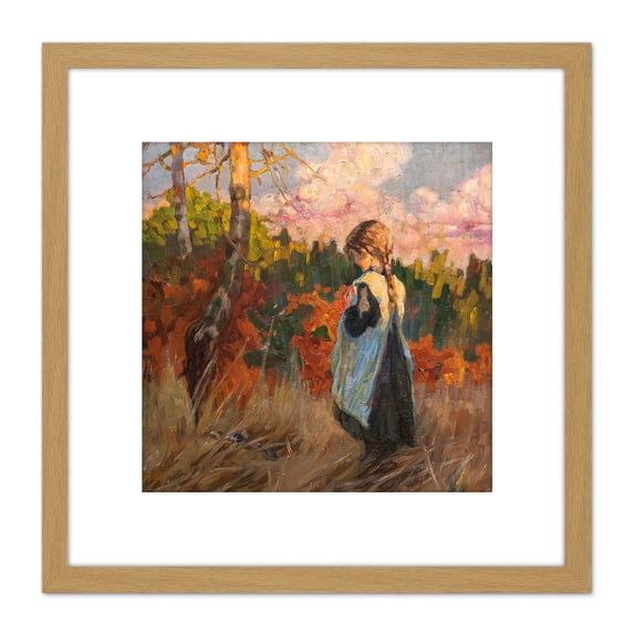Alberto Pla Rubio Girl In A Field Painting 8X8 Inch Square Wooden Framed Wall Art Print Picture with Mount