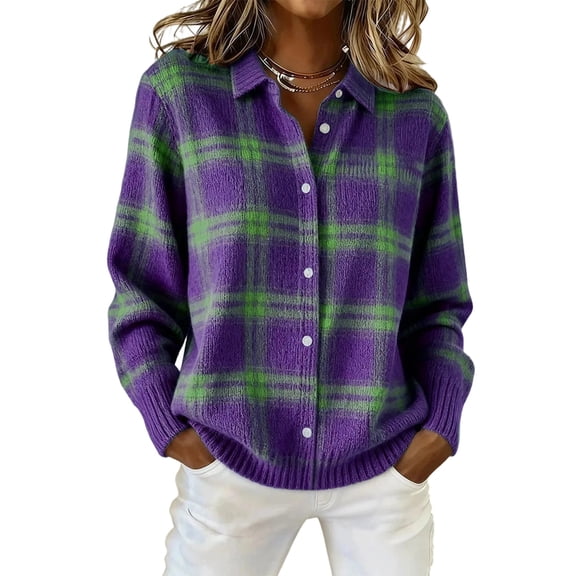 JUUNthy Womens Cardigan Tops, Lapel Collar Long Sleeve Plaid Knit Button Down Casual Sweater Outerwear Purple S