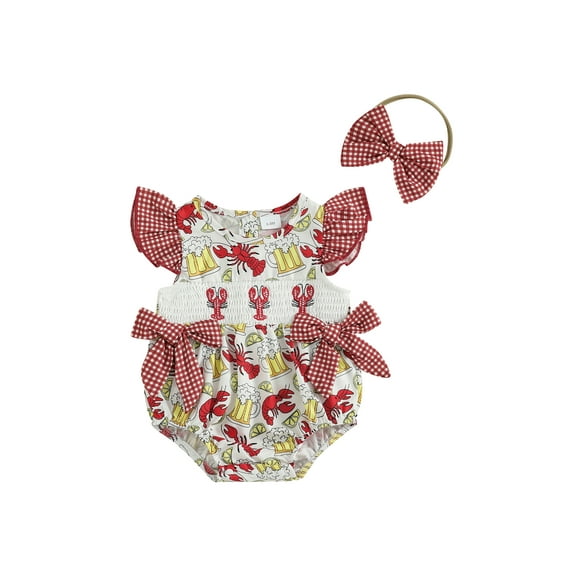 Rovasas Baby Girl Romper Flying Sleeve Lobster Print Jumpsuit Headband