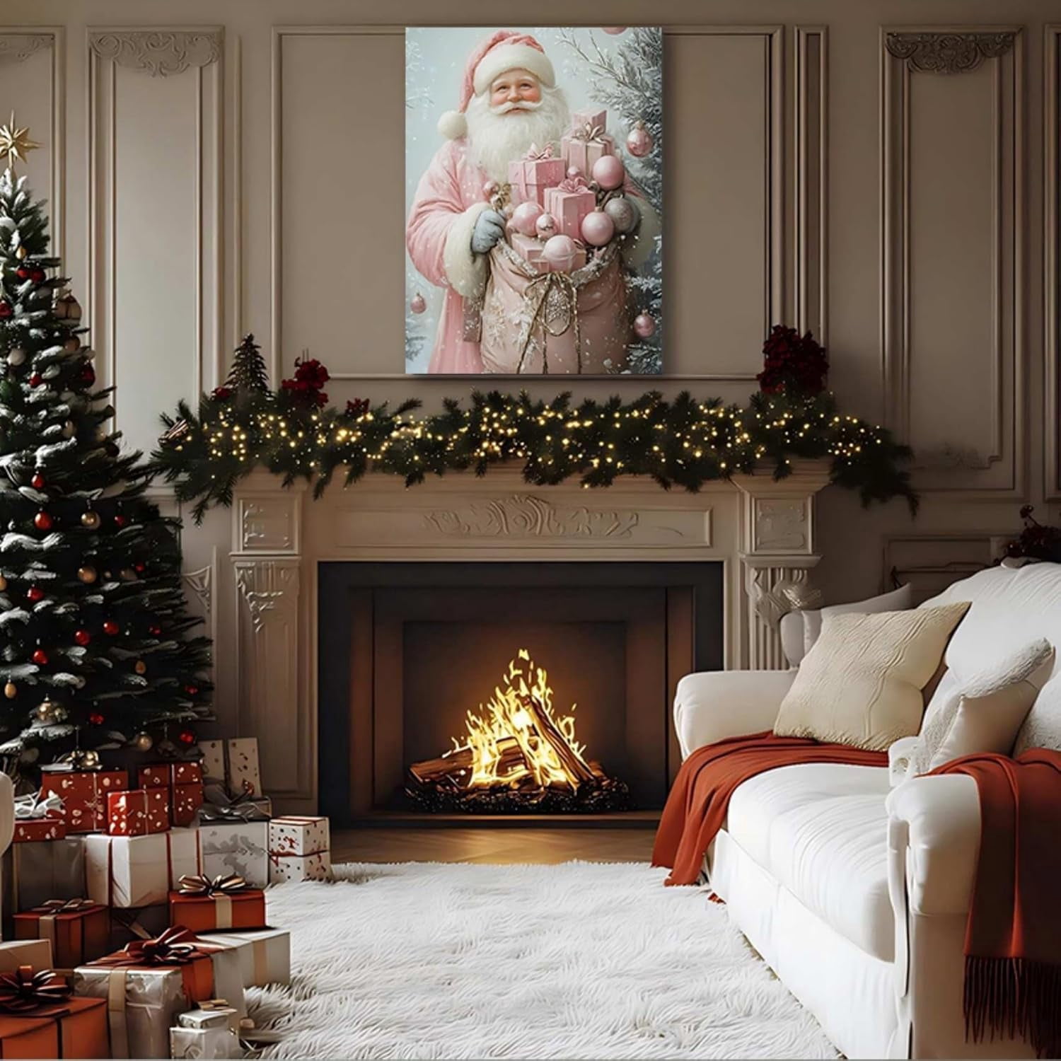 Pink Christmas Canvas Wall Art, Santa Elegant Pictures for Girls Bedroom And Festive Party Wall Decorations, Christmas Gift for Womens, Framed Painting Ready to Hang