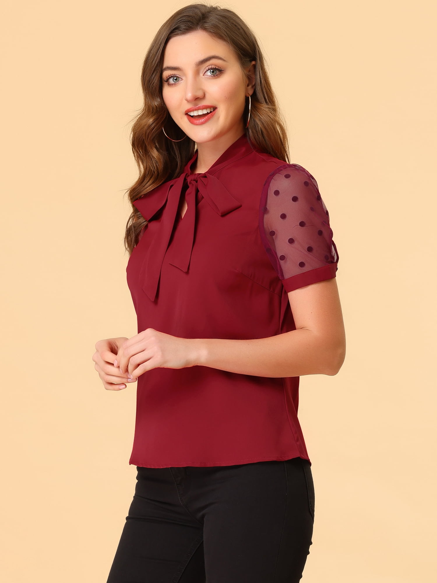 DARING DIVA V Neck Stand Collar Short Mesh Sleeve Blouse L Burgundy
