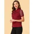 thumbnail image 3 of DARING DIVA V Neck Stand Collar Short Mesh Sleeve Blouse XS Burgundy, 3 of 6