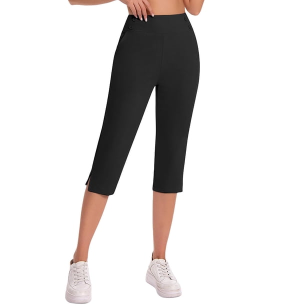 womens black dress capris UVEASISHA High Waisted Capris for Women Cropped Dress Pants Office Work Pants Casual Summer Capri Pants with Pockets Black XXL