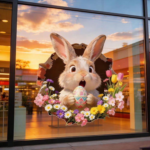 3D Easter Bunny Wall Decal – Realistic Breakthrough Effect Sticker, Waterproof Self-Adhesive for Windows, Doors, School, Office, and Party Decor