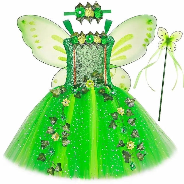 Vestido tutú de Hada verde brillante para niñas, disfraz de Hada de las flores, bosque, hiedra, fiesta de cumpleaños, vestido de princesa de tul