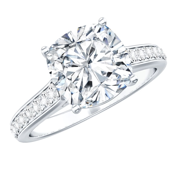 Rosec Jewels Moissanite Engagement Ring with Side Stones - 3 Carat Moissanite Ring - 8 mm Cushion Cut Ring - D-VS1 Grade, 925 Sterling Silver, US 4.00