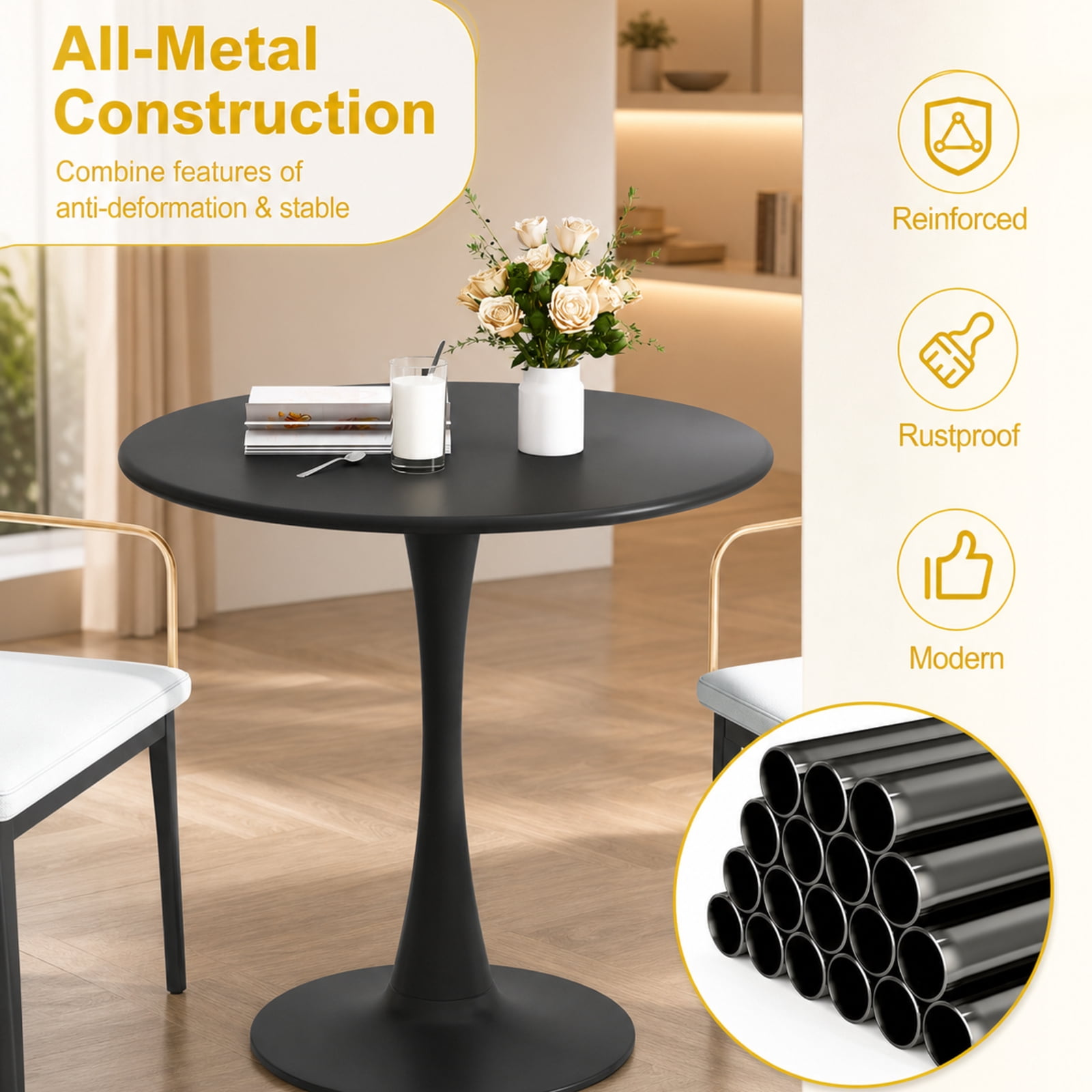Furnibear 31.5 Inch Round Dining Table with Anti-Slip PP Ring for Kitchen Dining Room Breakfast Nook Small Space Home, Black