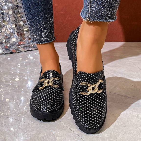 BLTIBY Women's Metal Sequin Buckle Loafers with Heel Comfortable British Style Design for Spring Summer Casual and Versatile Wear Black 36