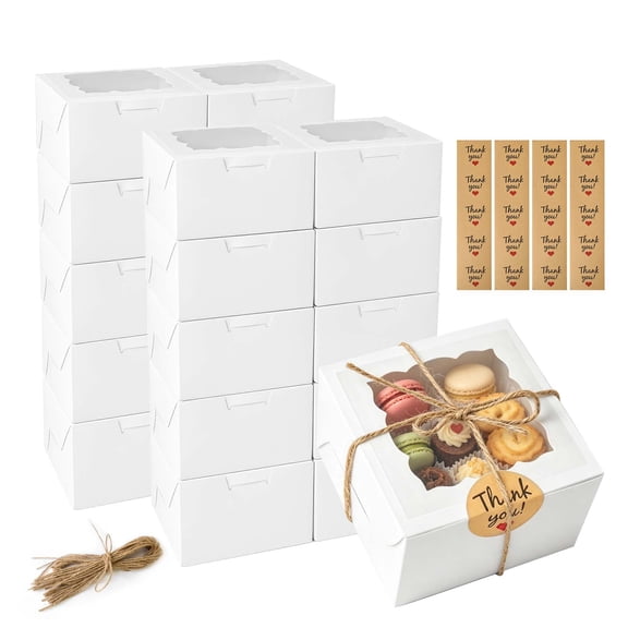 20 Pcs Cookie Boxes, White Bakery Boxes with Window, Mini Treat Boxes with Thank You Stickers & Twine for Desserts, Party Favors, 4x4x2.5 Inches