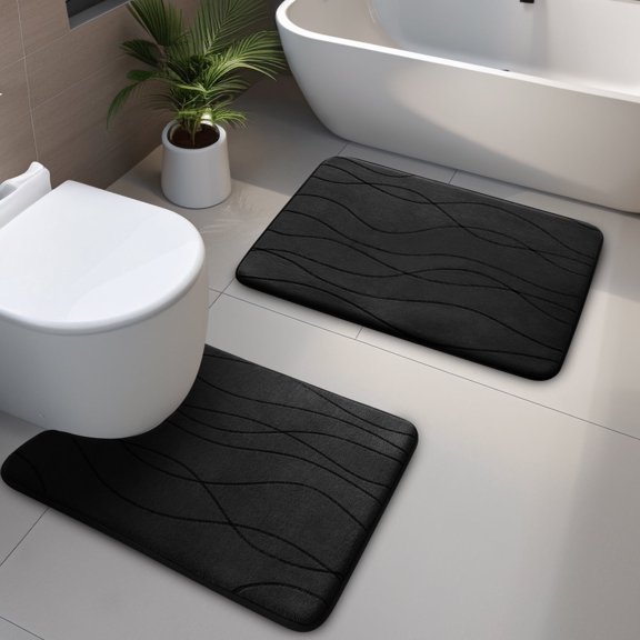 ChakmeOne Bathroom Rugs Sets 2 Piece, Black Bathroom Rug Soft Absorbent Microfiber Bath Mats and U-Shaped Contour Toilet Rug, Non-Slip Machine Wash Dry for Floor Tub and Shower