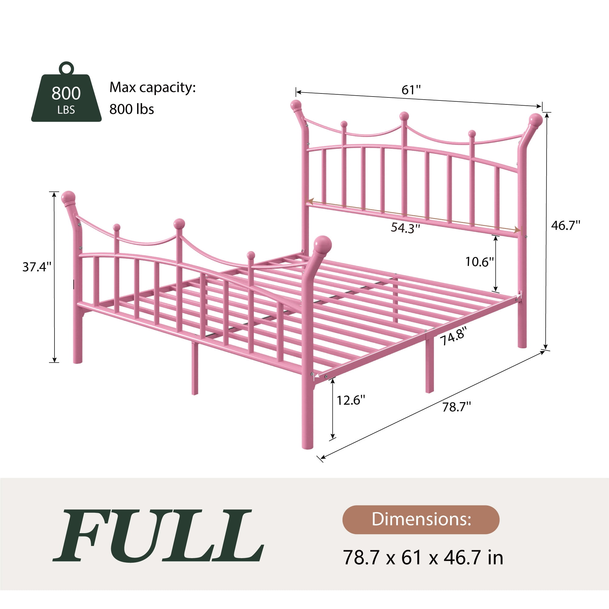 Amolife Full Bed Frame, Metal Platform Bed with Crown-Shaped Headboard and Footboard, 12.6'' Under-Bed Storage Space, No Box Spring Needed, Pink