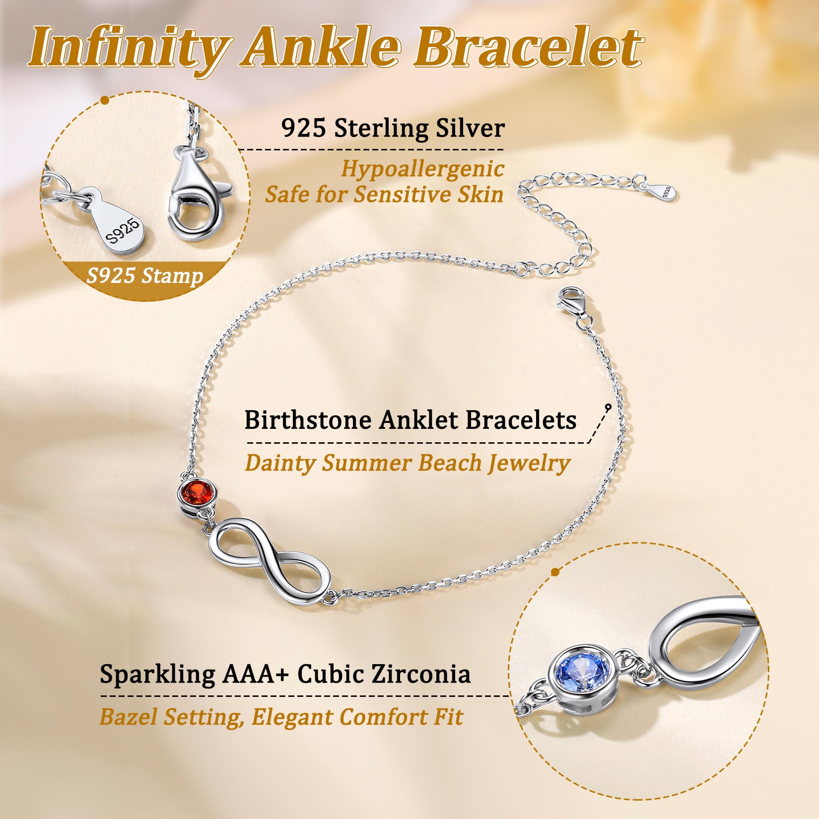 Suplight 925 Stelring Silver Infinity Birthstone Anklet, Dainty Foot Chain Crytal Anklet Bracelets for Women
