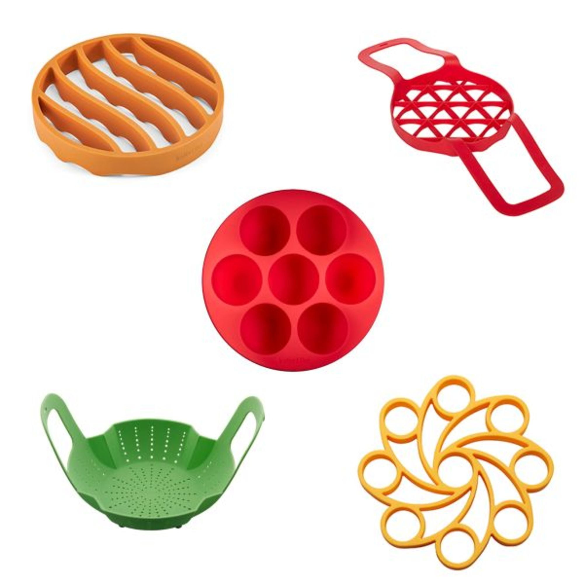 Instant Pot 5 Piece Silicone Accessory Set - Includes Roasting Rack, Egg Rack, Steamer Basket, Bakeware Sling, Egg Bite Mold with Lid - Ovenware & Kitchen Essentials for Home Cooks & Holiday Cookware
