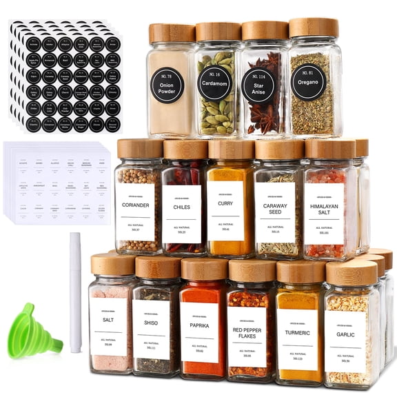 Spice Jars With Label 24pcs Seasoning Containers Glass Bamboo Lids Kitchen Essentials Spices Container Set Organizer Rack For Cabinet