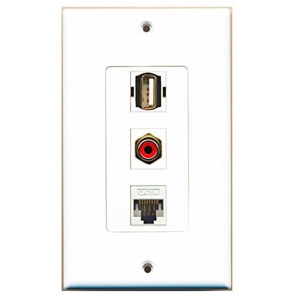 RiteAV - 1 Port RCA Red and 1 Port USB A-A and 1 Port Cat5e Ethernet White Decorative Wall Plate Decorative
