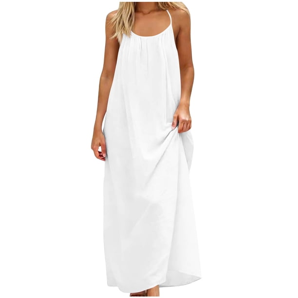 Vestido de Verano Casual de Mujer Cuello Redondo Sólido sin Mangas Mini Sling Vestido sin Espalda para las Mujeres
