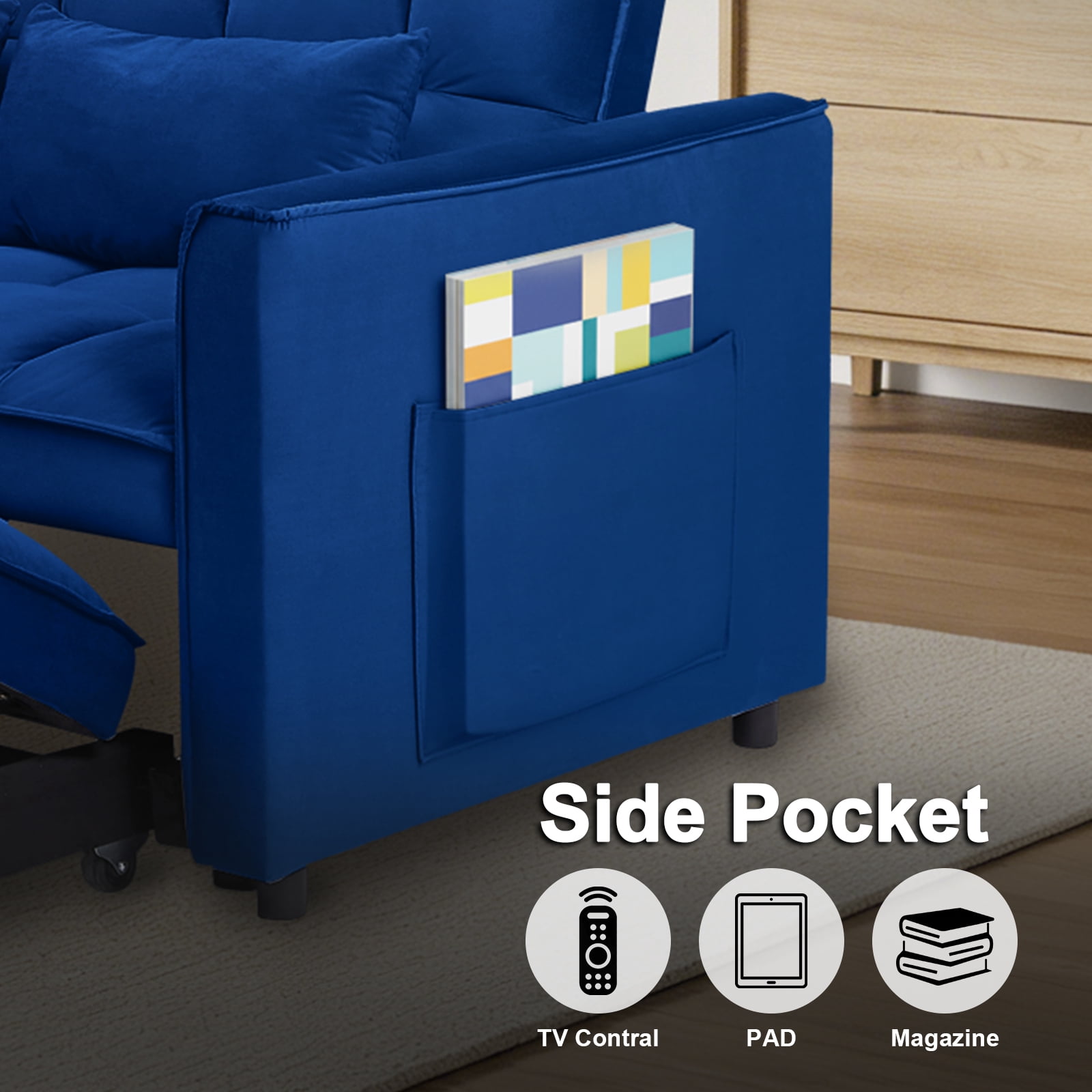 Howcool 55" 3 in 1 Convertible Sleeper Sofa Bed, Pull Out Loveseat Couch with Storage Pocket,Blue