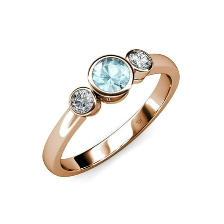 

Aquamarine and Diamond (SI2-I1 G-H) Three Stone Ring 1.03 ct tw in 14K Rose Gold.size 7.5