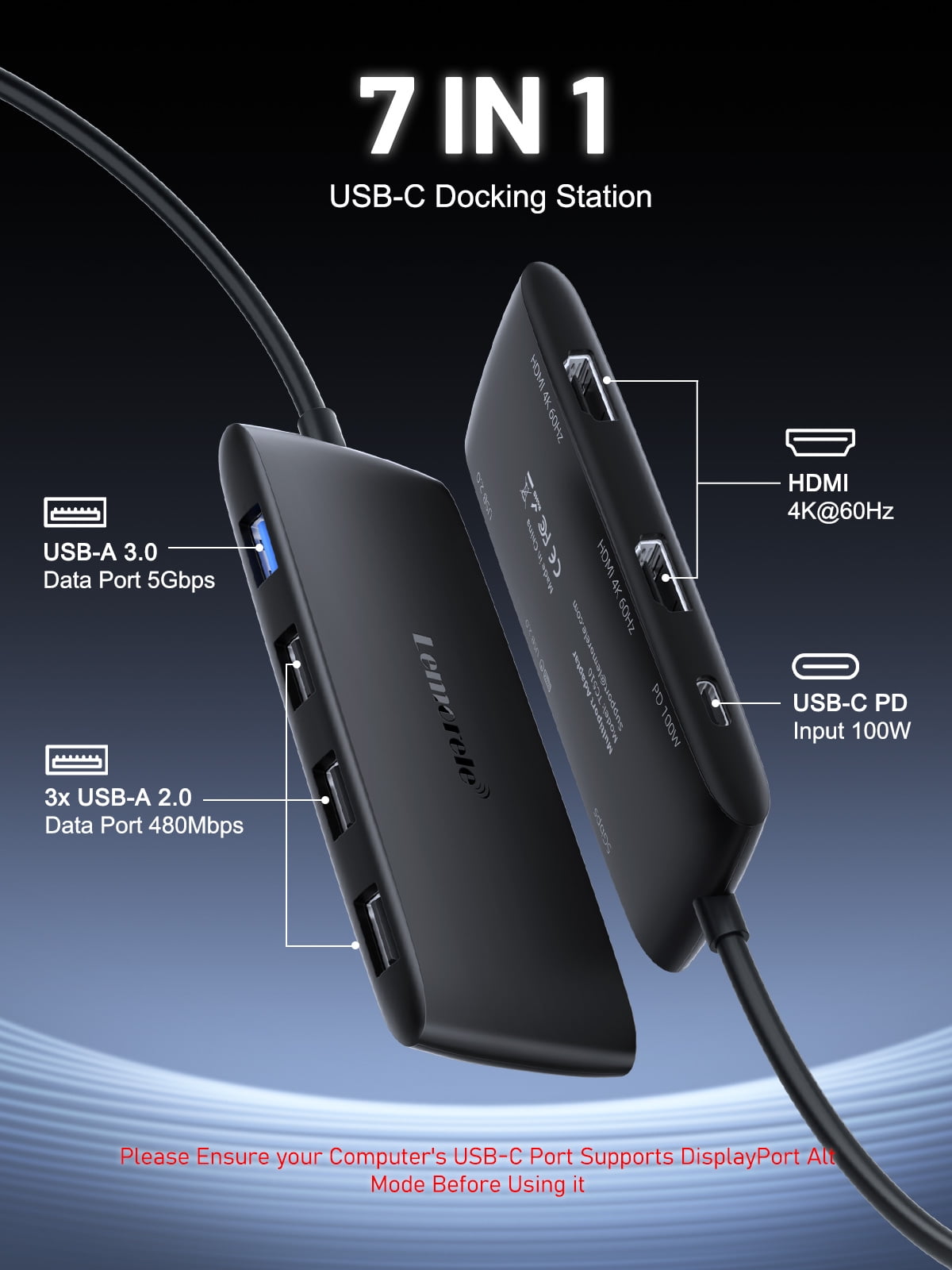 7-in-1 USB-C Docking Station with HDMI Ports Support Dual 4k Output, 100w PD Charging, 5Gbps USB 3.0 and 2.0 Ports for Multi-monitor Setups