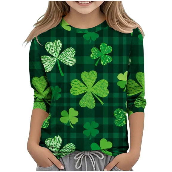 Shirts for Girls St. Patrick's Day Fashion Graphic 3/4 Sleeve T-Shirt Casual Crewneck Size 3-14