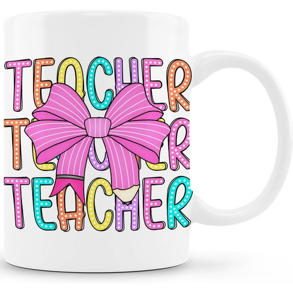 Teacher Gifts Coffee Mug - Teacher Mug, Teacher Coffee Mug, Teacher Gifts for Women, Teacher Appreciation Gifts, Teacher Gifts for Christmas, Preppy Pink Bow Teacher Ceramic Coffee Mug 11 oz