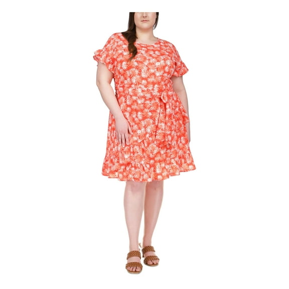 MICHAEL MICHAEL KORS Womens Orange Ruffled Zippered Tie Belt Printed Cap Sleeve Crew Neck Above The Knee Wear To Work Faux Wrap Dress Plus 2X