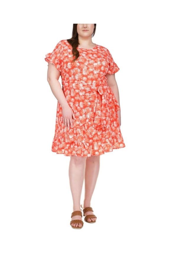 Womens Orange Ruffled Zippered Tie Belt Printed Cap Sleeve Crew Neck Above The Knee Wear To Work Faux Wrap Dress Plus 2X