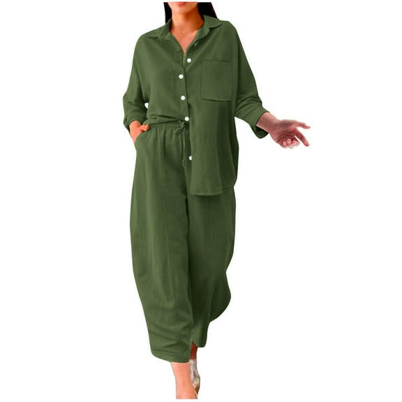 Vacation Outfits for Women 2 Piece Set New Women's Two Piece Cotton Linen Outfits Button Tops Wide Leg Pants Lounge Sets Summer Outfits Matching Sets Army Green XXL