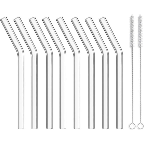 Short Glass Straws, 6 in x 10 mm Clear Straws for Cocktails, Whiskey, Coffee, Pack of 8 with Cleaning Brush