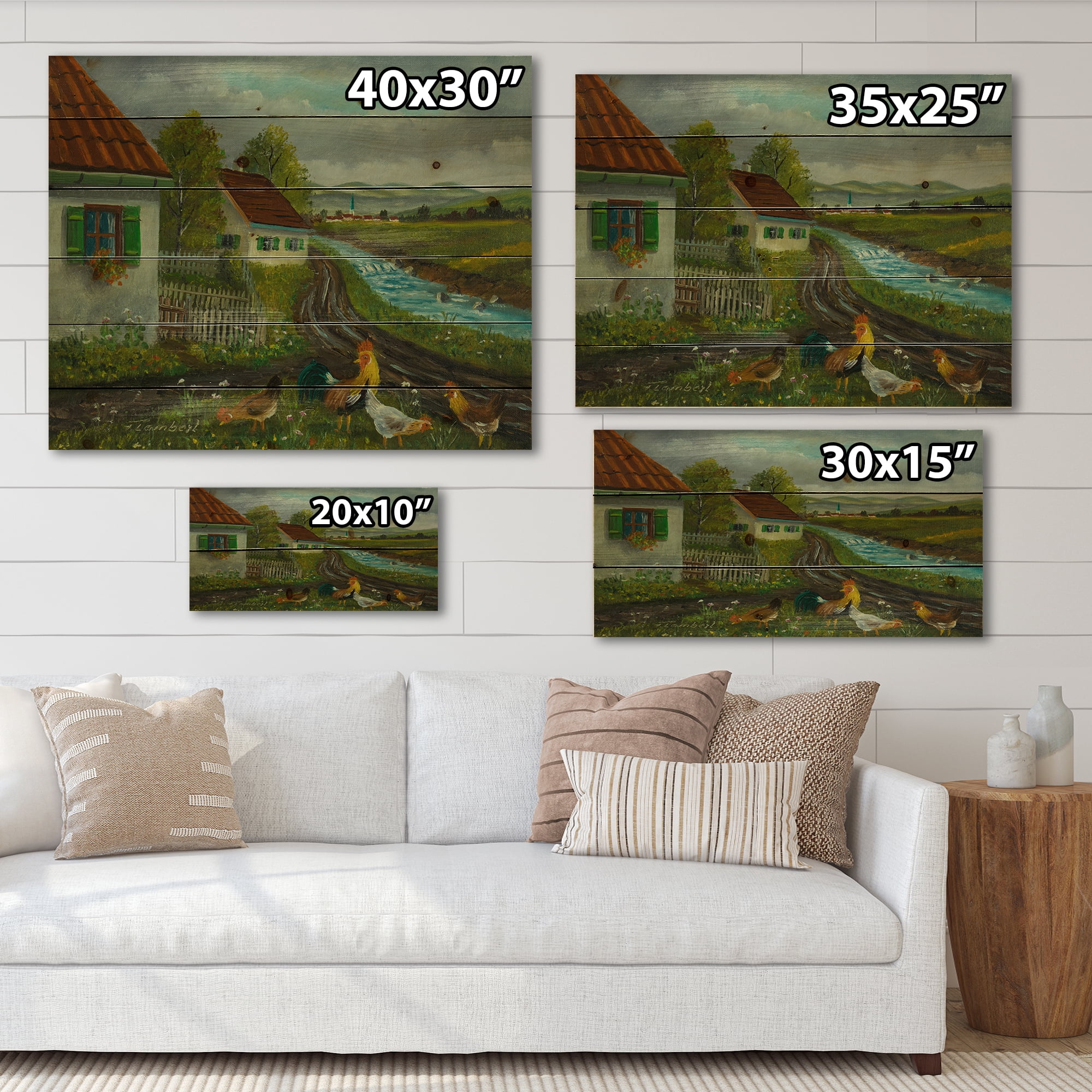Designart 'A Cock and Three Chickens In A Meadow With Flowers' Farmhouse Print on Natural Pine Wood