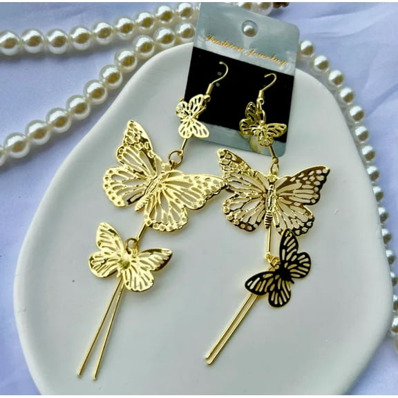 Pierced 4 1/4" Xlong gold dangle double butterfly earrings