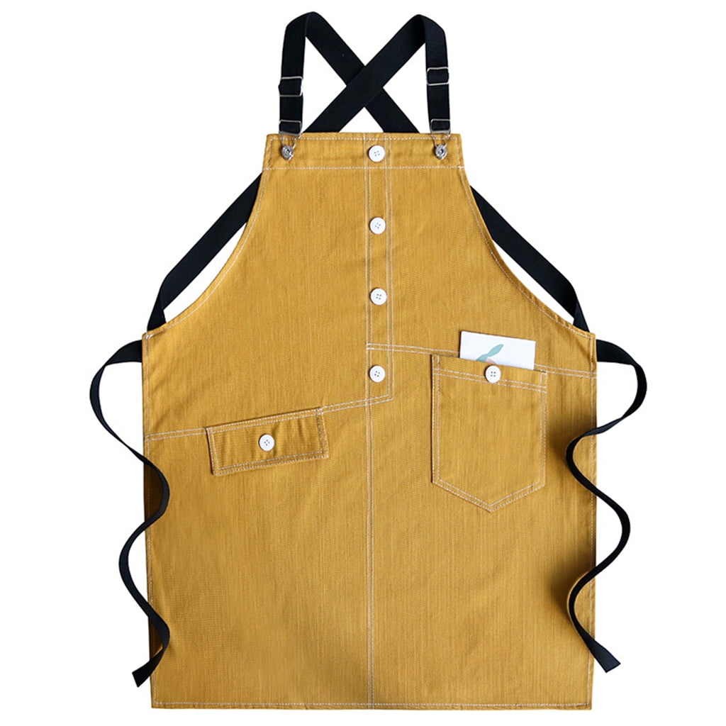 AOOOWER Women Men Denim Coffee Shop Apron Adjustable Cross Back Hanging  Buckle Strap Kitchen Bib with Pocket Buttons Decor for Florist Restaurant  Server - Walmart.com