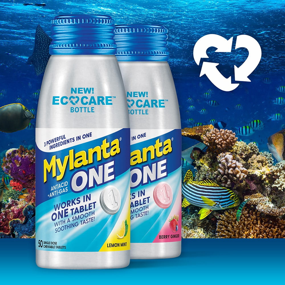 Mylanta One, Chewable Antacid Tablets Over-the-Counter Medicines, Berry Ginger Flavor, 50 Count, Eco-Care Bottle