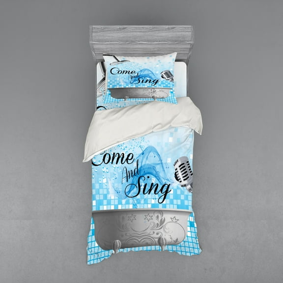 Ambesonne Saying Bedding Set 3 Pcs, Come and Sing Message, Twin XL, Pale Blue White