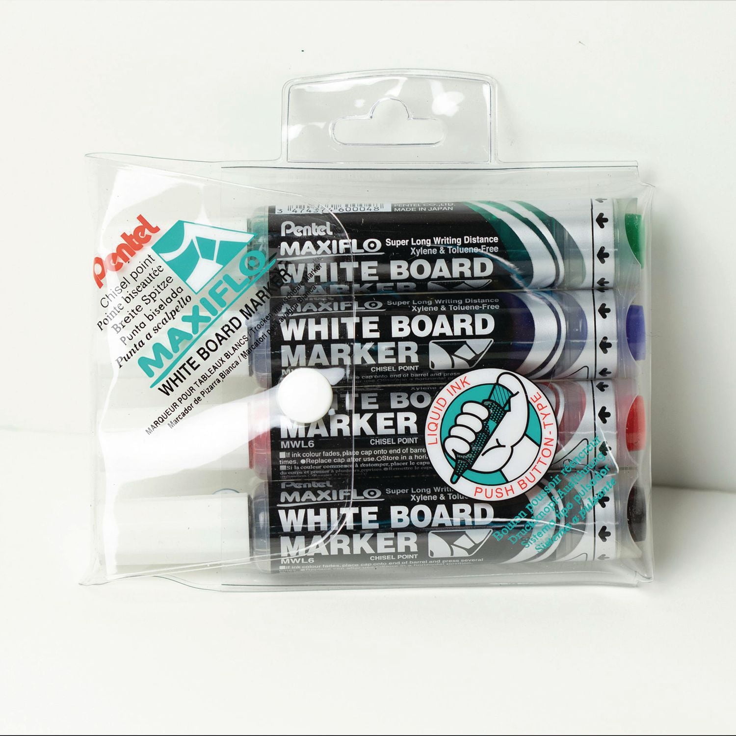 Pentel Liquid Ink White Board Marker, Chisel Tip, 4 Pack; Black, Blue, Red, Green