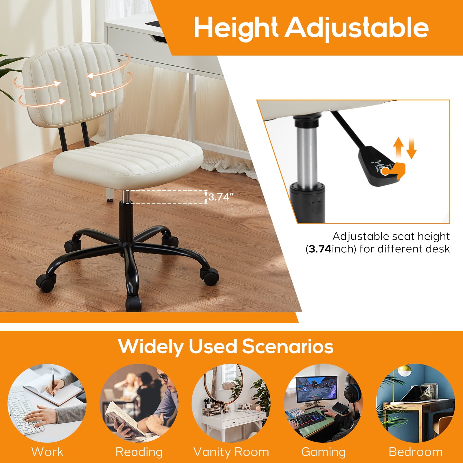 Aidoly Office Desk Chair, Armless Computer Chair with Lumbar Support, PU Leather Low Back Adjustable Height 360° Rolling, Beige