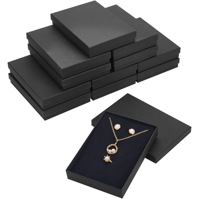 Paquete de 12 cajas para collares y anillos de 7.2 x 5.1 x 1.2 pulgadas, cajas de regalo de joyería Kraft (negras), estuche de cartón rectangular para bodas, fiestas y cumpleaños.