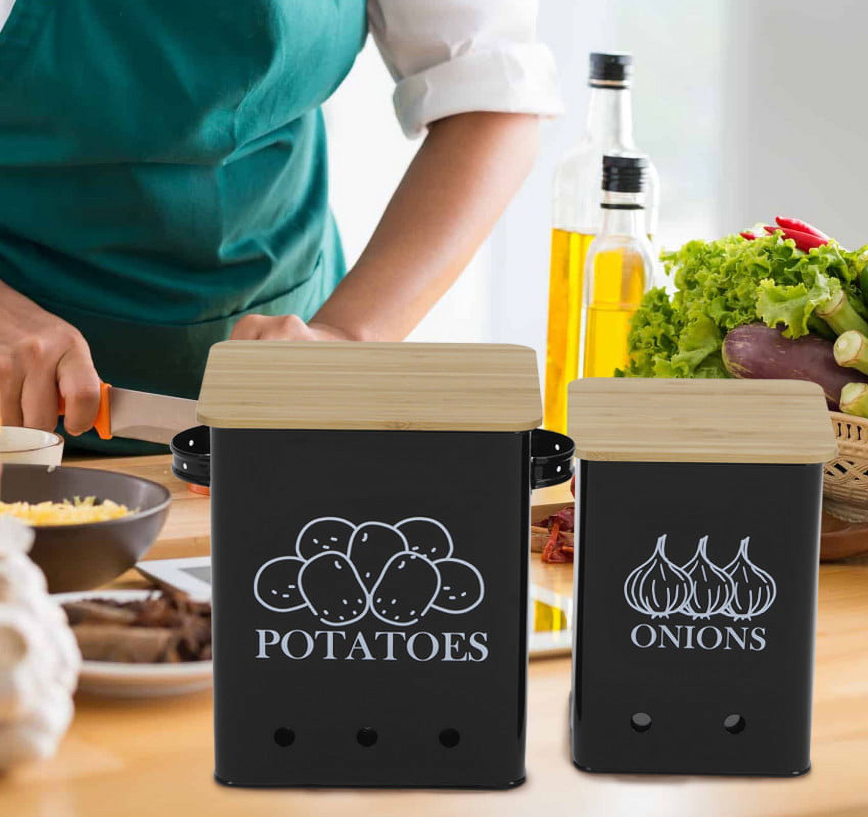 Pethiy Potato Onion Storage Bin, Kitchen Storage Containers, Kitchen Pantry Organizer Tin - Vegetable Fresh Keeper with Aerating Tin Storage Holes & Wooden Lid,7.4L+4.5L, Black