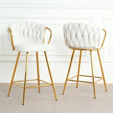 Bar Stools Set of 2,Counter Height Barstools with Woven Back and Footrest Gold Plated Legs,Modern Upholstered Kitchen Island Chairs for Cafe Bar Restaurant,White