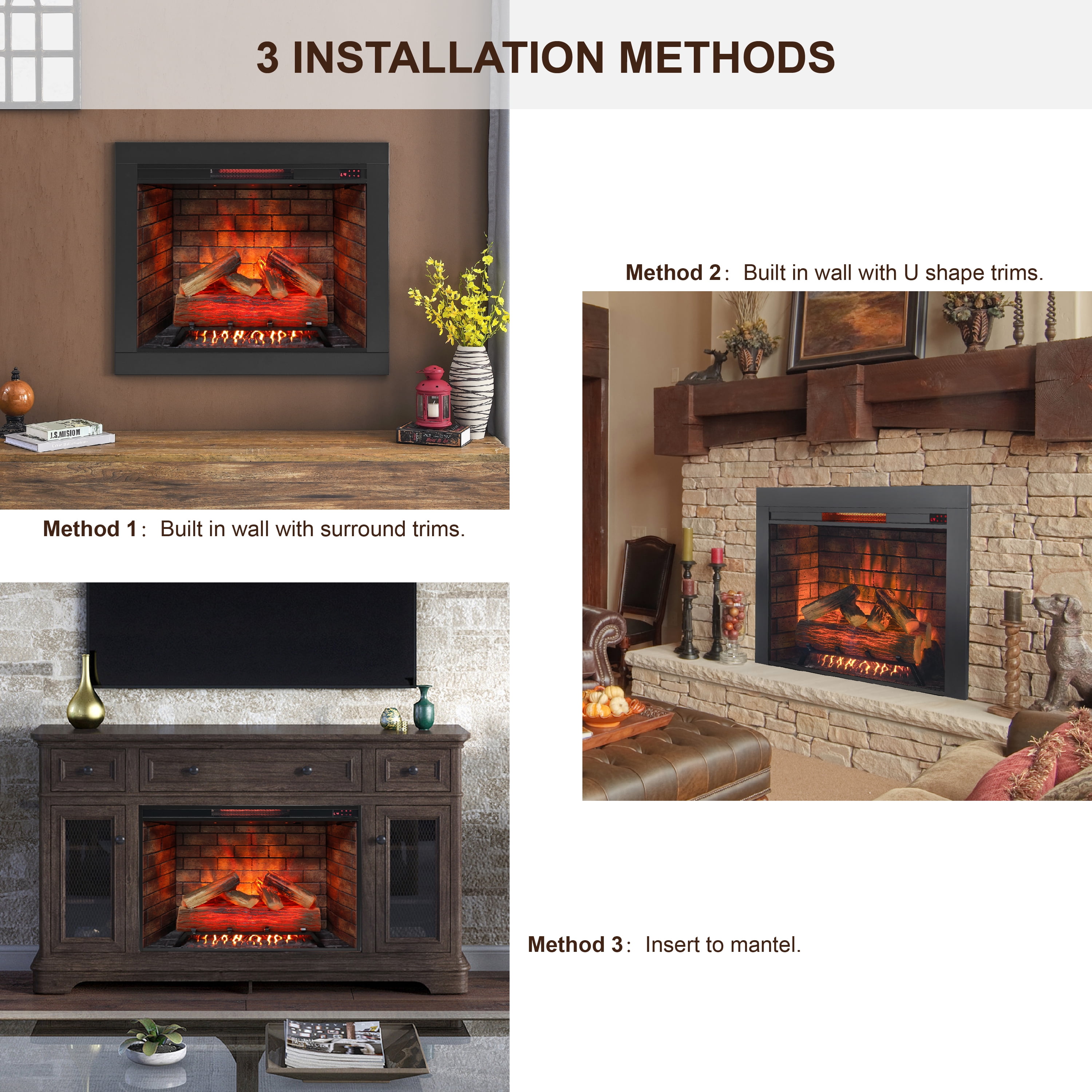 Innoflame 33" Electric Fireplace Insert with Fire Crackling Sound, Adjustable Flame/Temperature, Fireplace Heater with Remote/Timer, Removable Trim Kit, 1500W, Black