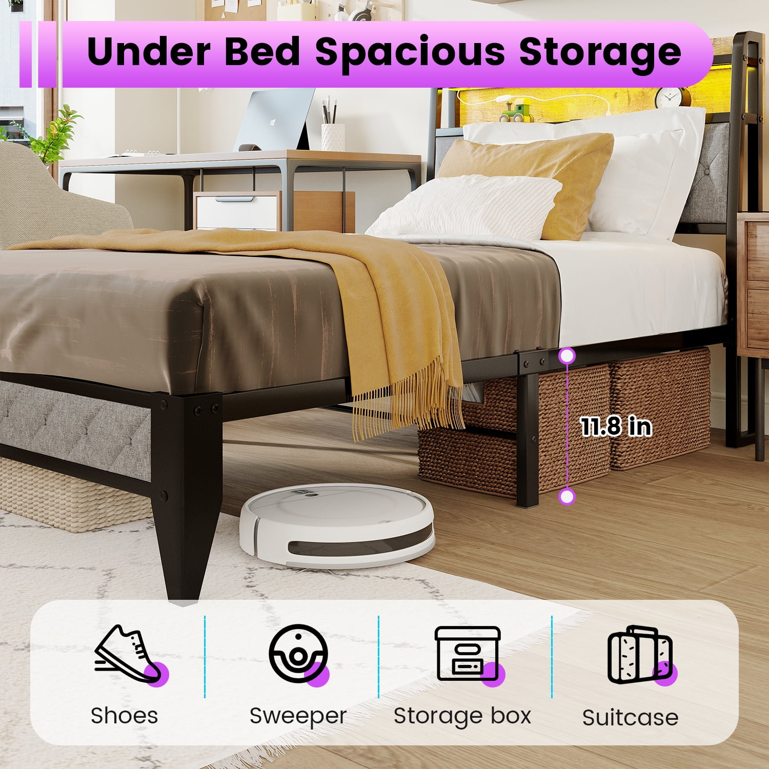 Meteorleg Twin Size Bed Frame with Storage Headboard & Charging Station,Platform Metal Bed Frame with RGB Lights,Grey