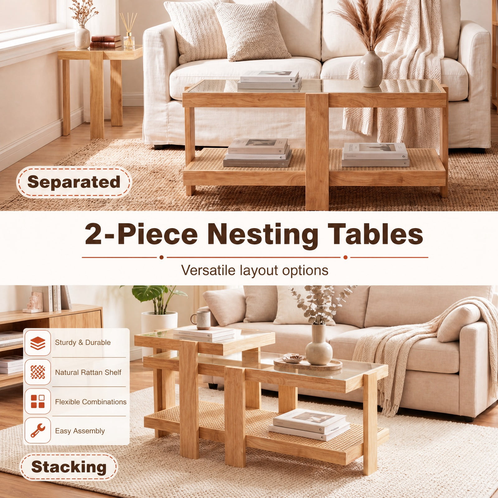 Furnibear Set of 2 Nesting Coffee Table with Tempered Glass Top and Boho Rattan Storage Shelf for Living Room for Home and Living Space, Natural